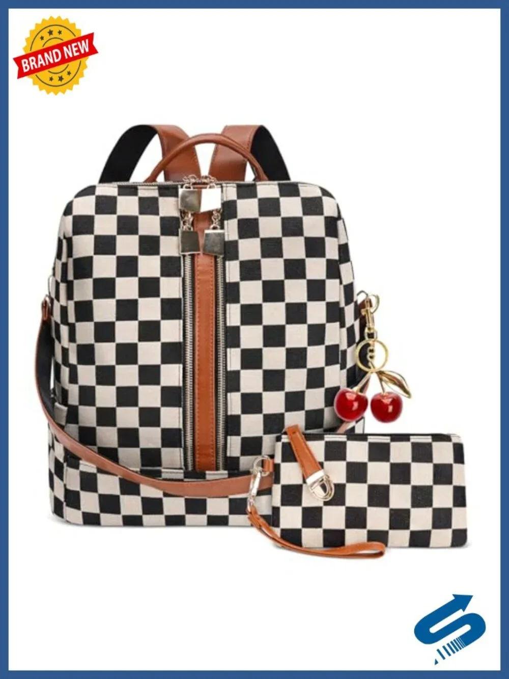 Checkered Backpack Purse 2-in-1 Convertible Canvas Laptop Bag with Wallet